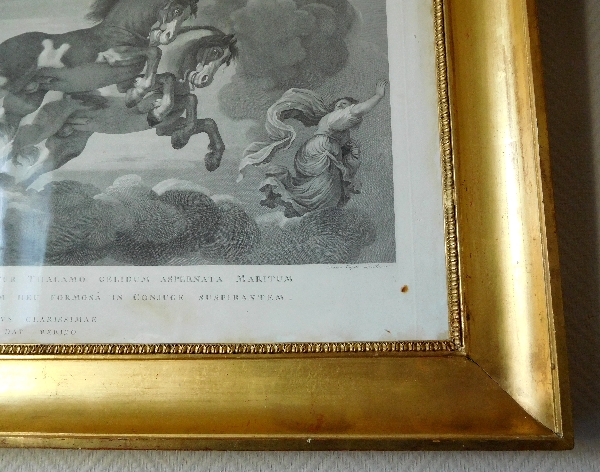 Grande gravure mythologique d'époque Empire : le char d'Aurore, cadre en bois doré à la feuille d'or