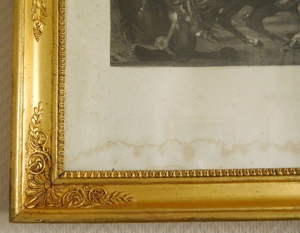 Grande gravure Napoléonienne, l'Empereur vainqueur & son état major, cadre en bois doré, époque Empire