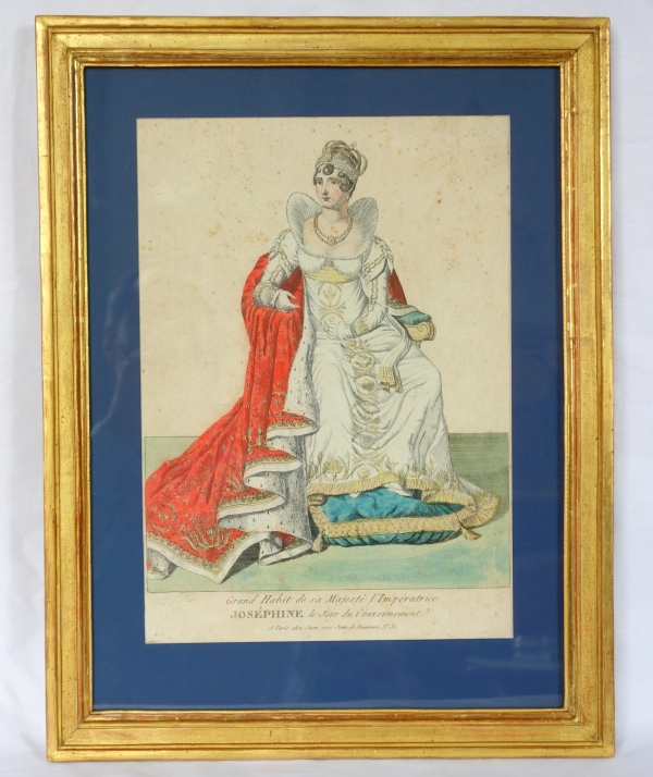 Polychrome engraving : Empress Josephine wearing coronation clothes - Empire period, early 19th century