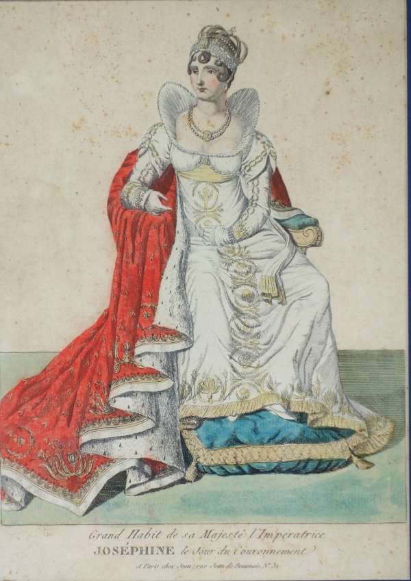 Polychrome engraving : Empress Josephine wearing coronation clothes - Empire period, early 19th century