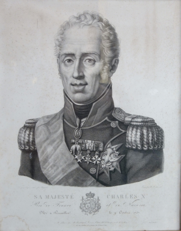 Gravure Royaliste - portrait de Charles X, Roi de France et de Navarre cadre en bois doré 1820
