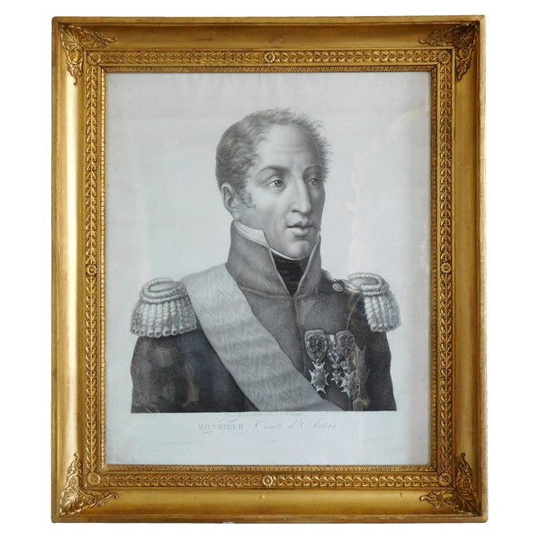 Portrait du Comte d'Artois futur Roi Charles X - gravure d'époque Restauration - 69cm x 79cm