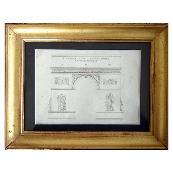L'Arc de Triomphe de l'Etoile à Paris - projet d'architecture, gravure d'époque Empire