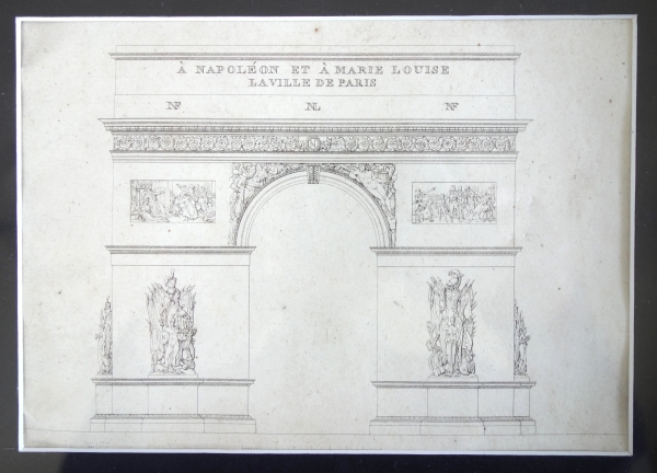 L'Arc de Triomphe de l'Etoile à Paris - projet d'architecture, gravure d'époque Empire