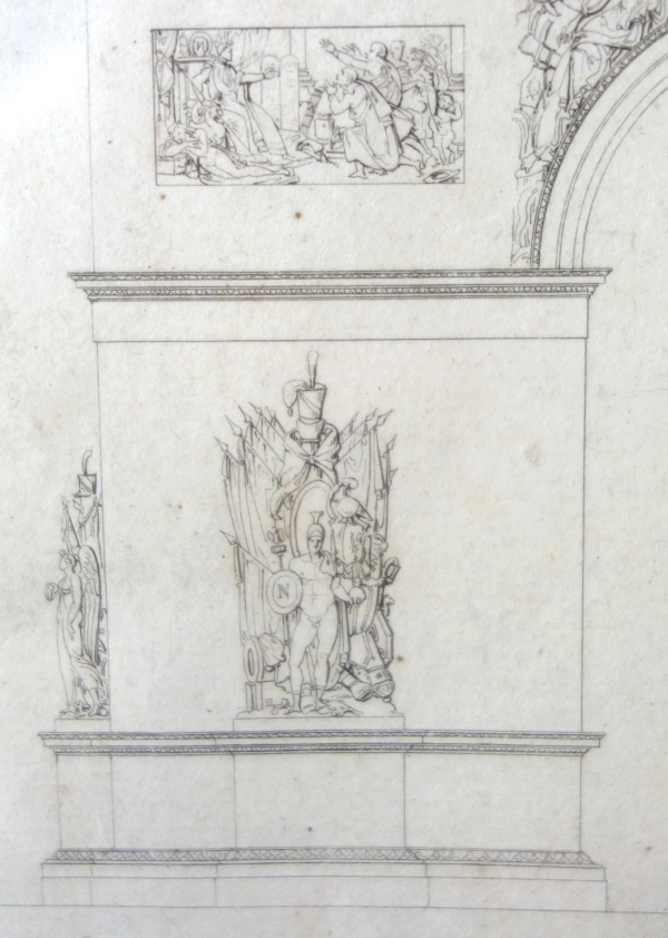 L'Arc de Triomphe de l'Etoile à Paris - projet d'architecture, gravure d'époque Empire
