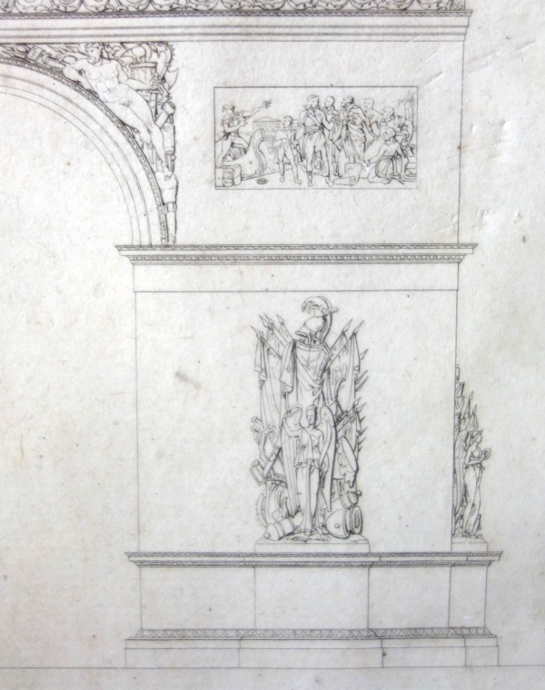 L'Arc de Triomphe de l'Etoile à Paris - projet d'architecture, gravure d'époque Empire