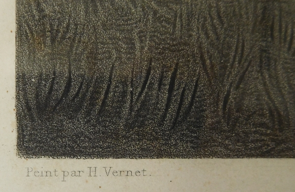 Gravure orientaliste d'après Horace Vernet, cadre en bois doré à la feuille d'or, époque Empire
