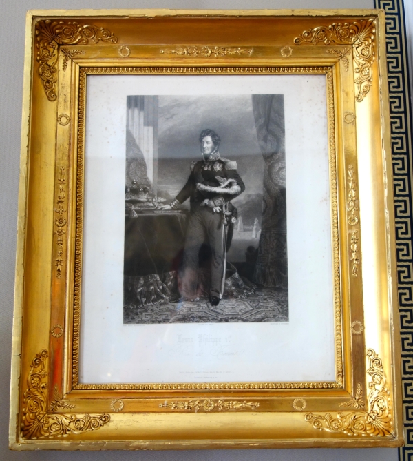 Gravure Royaliste - Louis Philippe Roi des Français, luxueux cadre en bois doré à la feuille d'or
