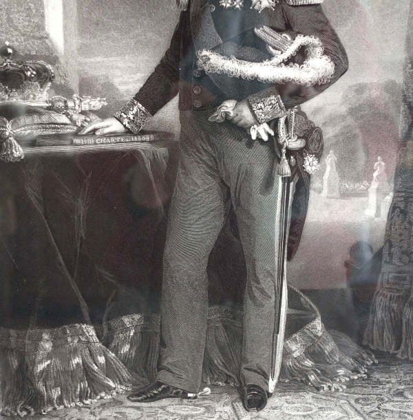 Gravure Royaliste - Louis Philippe Roi des Français, luxueux cadre en bois doré à la feuille d'or