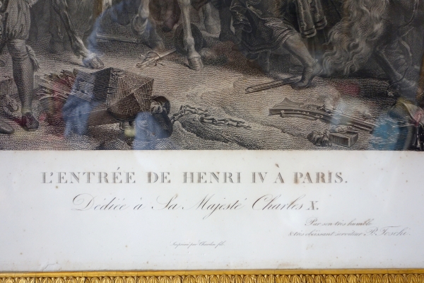 Grande gravure royaliste d'époque Charles X : l'entrée d'Henri IV à Paris - 81cm x 119cm