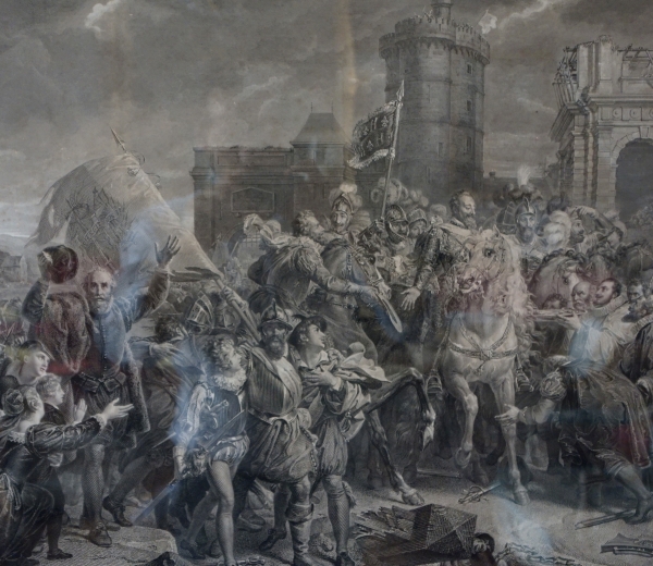 Grande gravure royaliste d'époque Charles X : l'entrée d'Henri IV à Paris - 81cm x 119cm