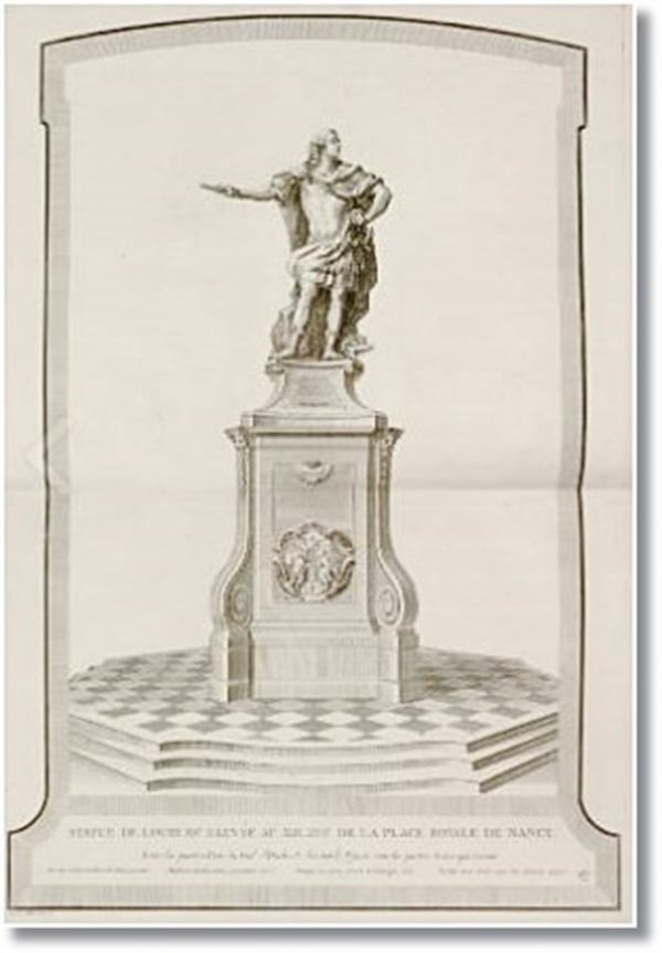 Louis XV protector of arts statue engraving