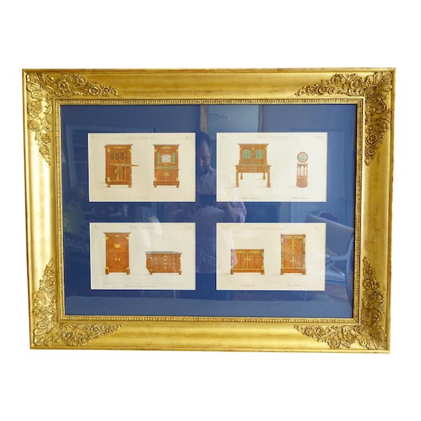 Early 19th century pieces of furniture engravings by La Mésangère, gold leaf gilt wood frame