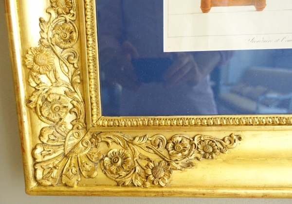 Early 19th century pieces of furniture engravings by La Mésangère, gold leaf gilt wood frame