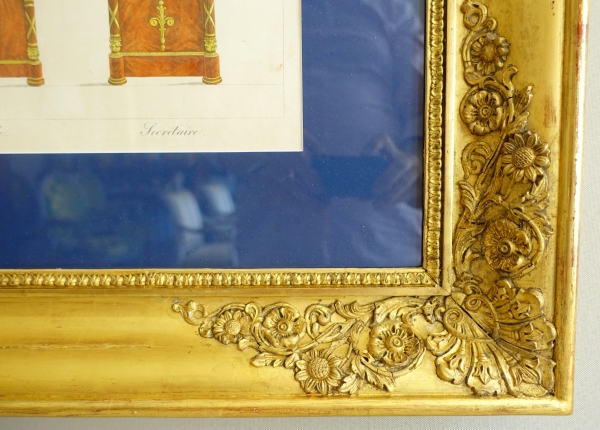 Early 19th century pieces of furniture engravings by La Mésangère, gold leaf gilt wood frame