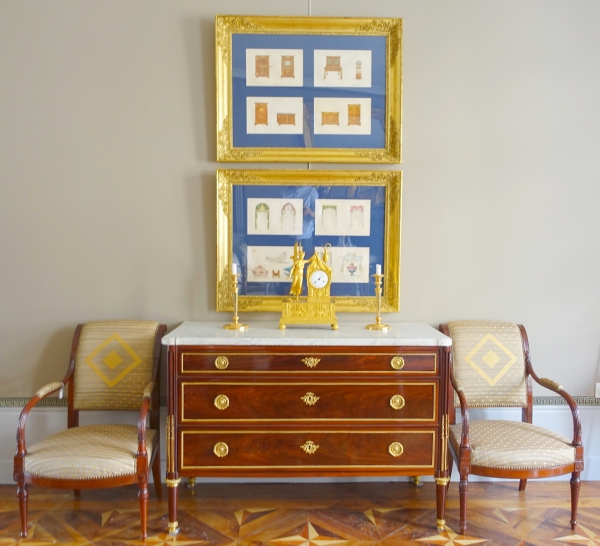 Early 19th century pieces of furniture engravings by La Mésangère, gold leaf gilt wood frame