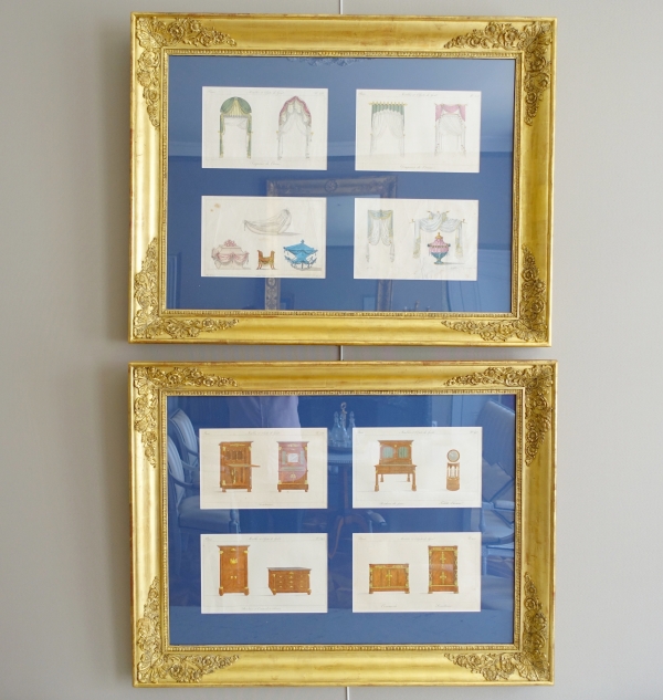 Early 19th century pieces of furniture engravings by La Mésangère, gold leaf gilt wood frame