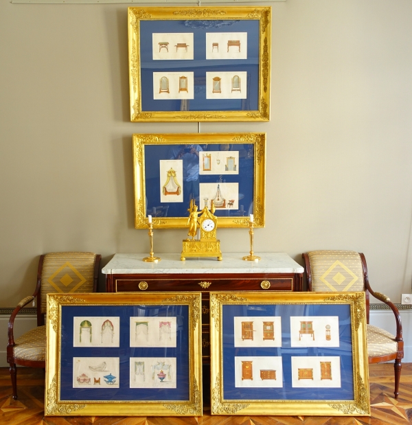 Early 19th century pieces of furniture engravings by La Mésangère, gold leaf gilt wood frame