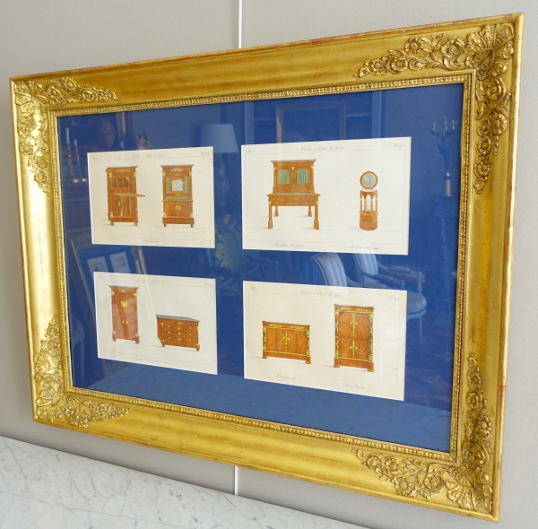 Early 19th century pieces of furniture engravings by La Mésangère, gold leaf gilt wood frame