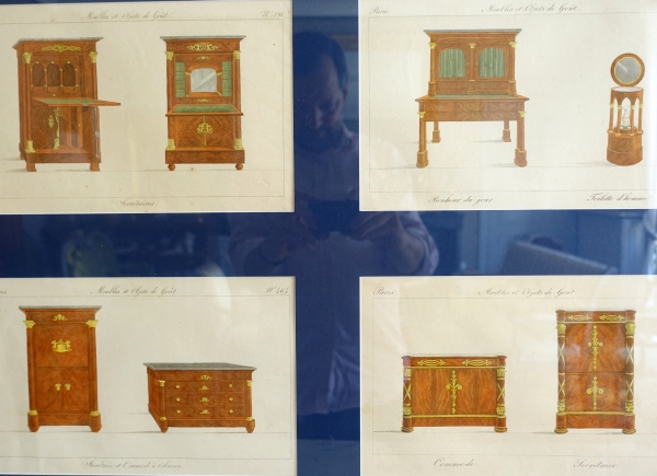 Early 19th century pieces of furniture engravings by La Mésangère, gold leaf gilt wood frame