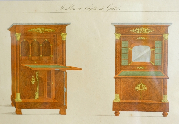 Early 19th century pieces of furniture engravings by La Mésangère, gold leaf gilt wood frame