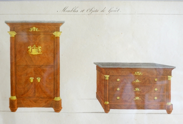 Early 19th century pieces of furniture engravings by La Mésangère, gold leaf gilt wood frame