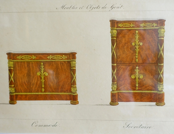 Early 19th century pieces of furniture engravings by La Mésangère, gold leaf gilt wood frame