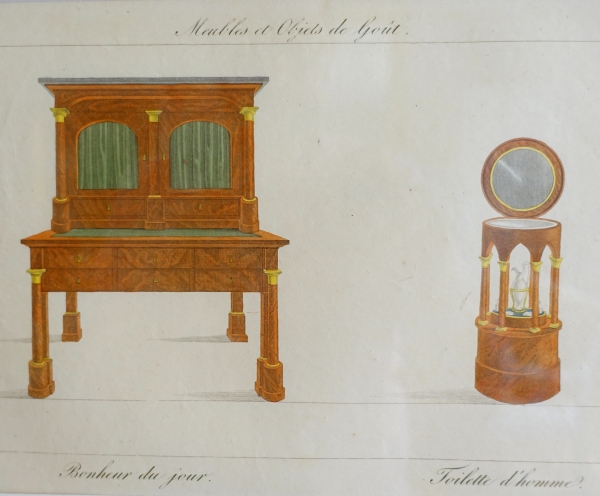 Early 19th century pieces of furniture engravings by La Mésangère, gold leaf gilt wood frame