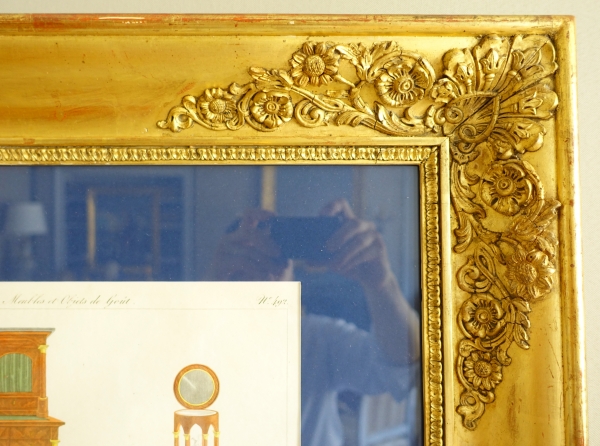 Early 19th century pieces of furniture engravings by La Mésangère, gold leaf gilt wood frame