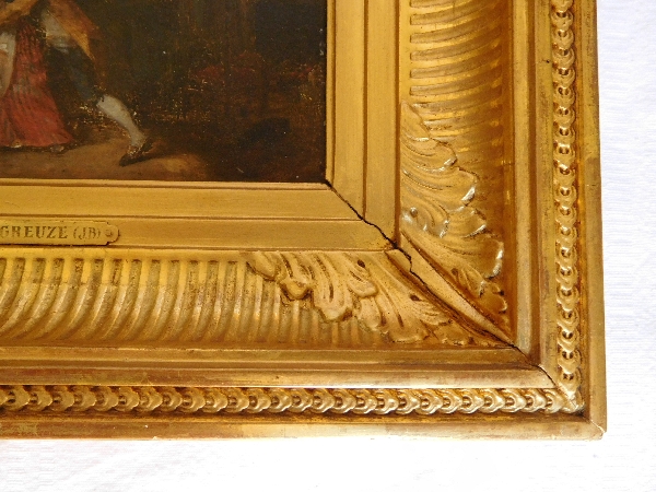 Early 19th century French school after Greuze, galant scene, oil on panel in a gilt wood frame
