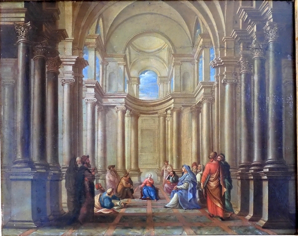 17th century school, oil on panel : Jesus and the Doctors of the Law