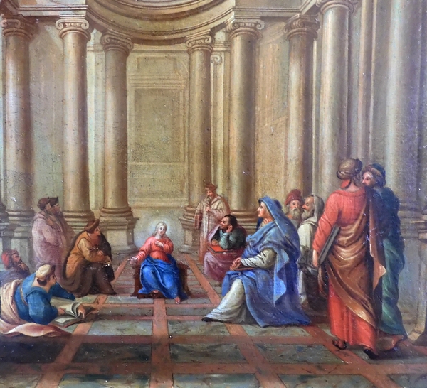 17th century school, oil on panel : Jesus and the Doctors of the Law