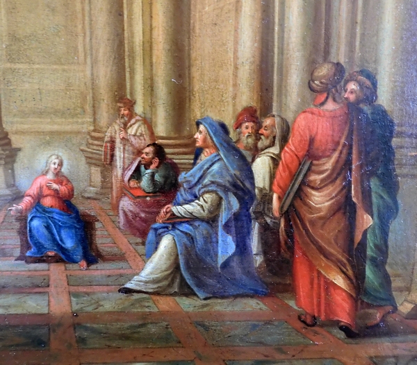Ecole du XVIIe siècle, huile sur panneau : Jésus et les Docteurs de la Loi