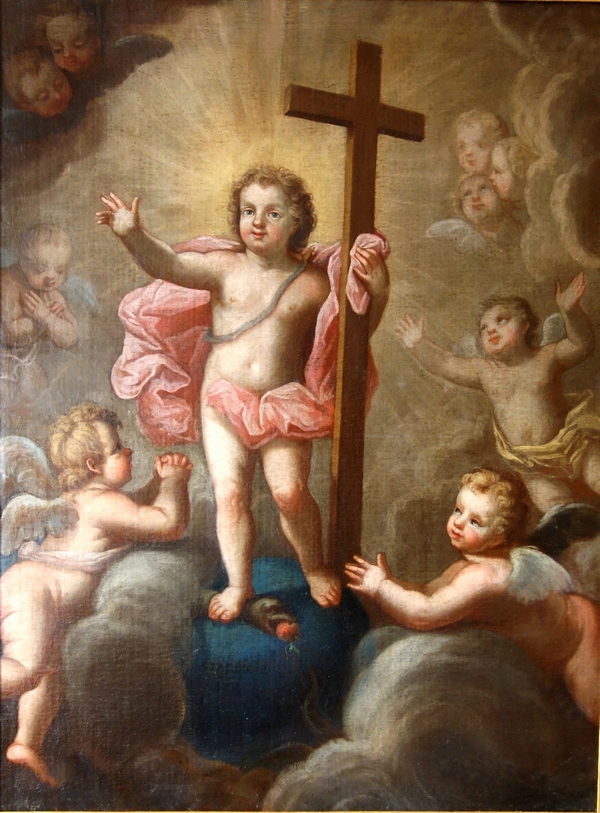 Pierre Staron 1711 : grand tableau d'autel d'époque Louis XIV : l'Enfant Jésus en gloire - 130cm x 160cm
