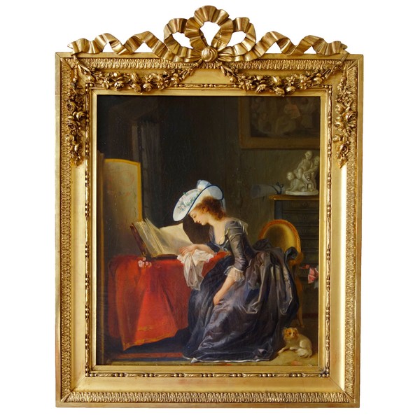 Ecole Française, jeune femme à la lecture sous le règne de Louis XVI - huile sur toile