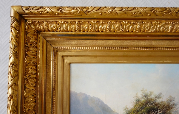 Leberecht Lortet 1826-1901, grand tableau au lac de montagne, huile sur toile - 55cm x 82,5cm
