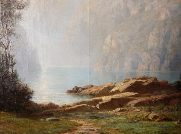 Leberecht Lortet 1826-1901, grand tableau au lac de montagne, huile sur toile - 55cm x 82,5cm