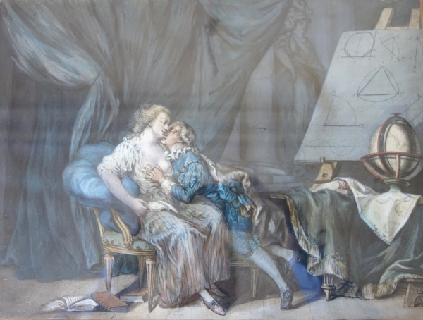 Antoine Borel : la leçon de géometrie - dessin à l'aquarelle et gouache, époque Louis XVI - XVIIIe siècle
