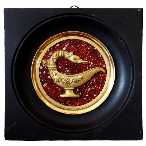 Ormolu antique style lamp miniature, porphyry background, souvenir of the Grand Tour