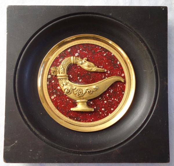 Ormolu antique style lamp miniature, porphyry background, souvenir of the Grand Tour