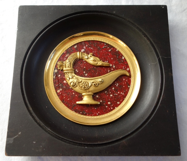 Ormolu antique style lamp miniature, porphyry background, souvenir of the Grand Tour