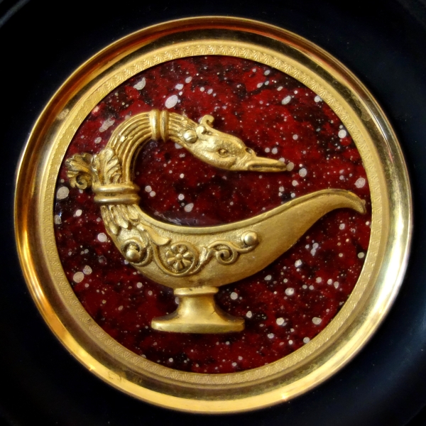 Ormolu antique style lamp miniature, porphyry background, souvenir of the Grand Tour