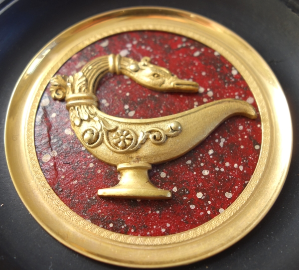 Ormolu antique style lamp miniature, porphyry background, souvenir of the Grand Tour