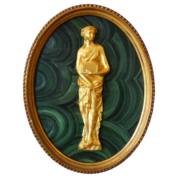 Grande miniature vestale 23cm, souvenir du Grand Tour, bronze doré au mercure sur fond malachite
