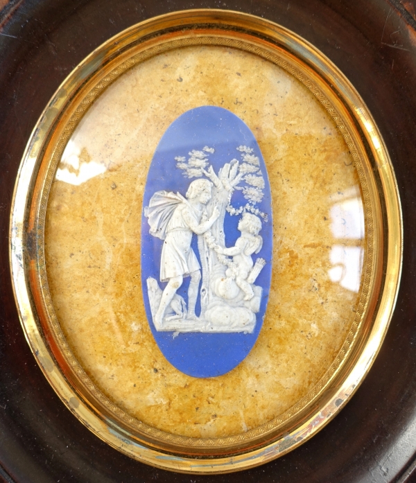 Miniature mythological scene - blue Wedgwood, faux yellow marble background