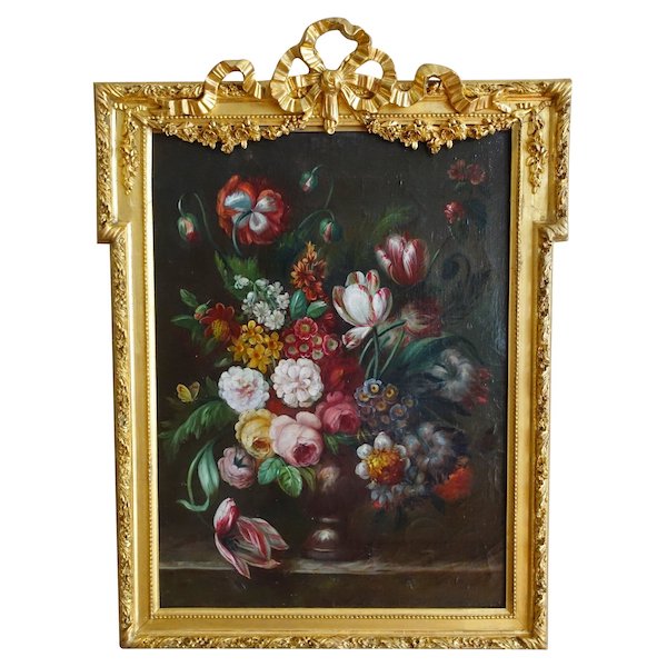 Ecole française du XIXe siècle, grande nature morte aux fleurs, cadre Louis XVI - 61cm x 82cm