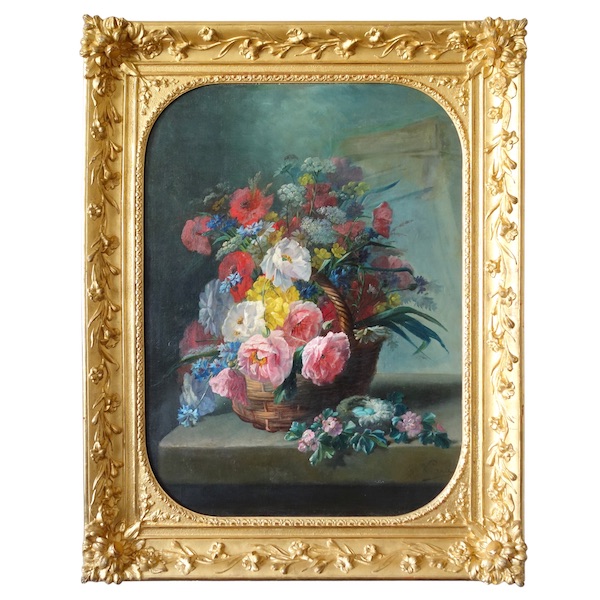 19th century French school : flowers in a basket, large oil on canvas signed Georges Viard
