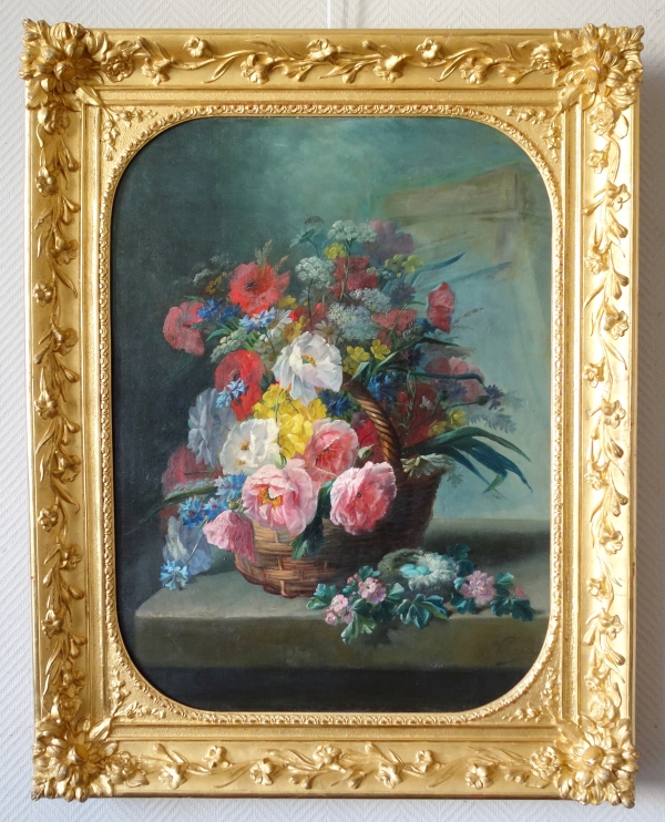 Georges Viard : panier de fleurs sur un entablement, grande huile sur toile XIXe siècle