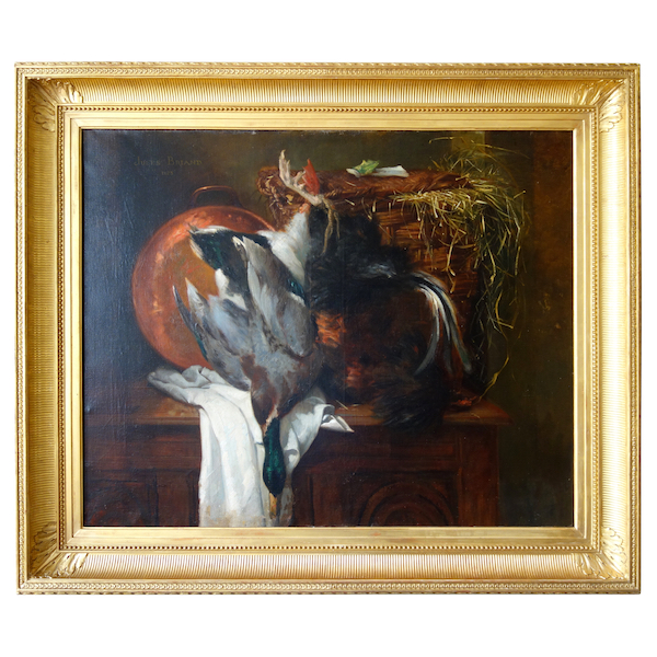 Jules Briand : grande huile sur toile retour de chasse - nature morte - huile sur toile 124cm x 106cm