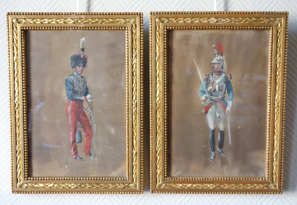 Paire de gouaches, officiers de Hussard et de Cuirassier sous le Second Empire par Henri Dupray